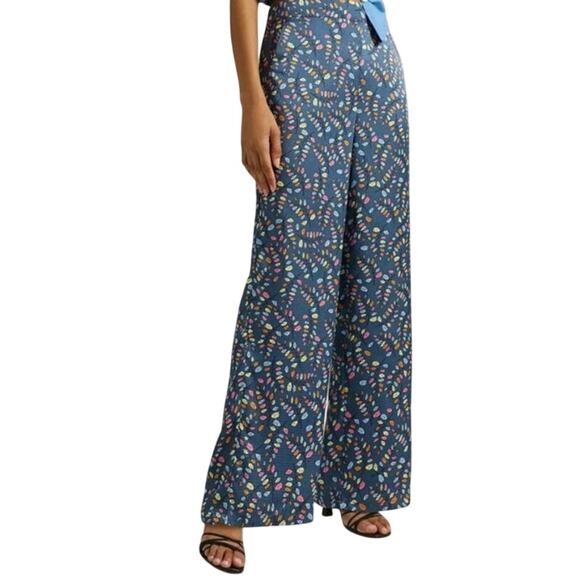 Anthropologie Stella Nova Orli leaf print blue pants size 10 - Picture 3 of 7